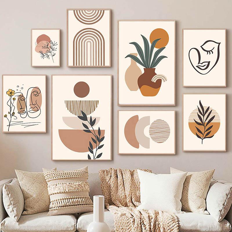 Boho Abstract Sun Lines Face Rainbow Vase Leaf Wall Art Canvas Painting Nordic Posters And Print Pictures For Living Room Decor