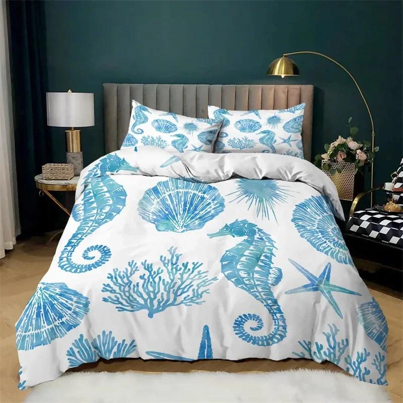 Ocean Bedding Set King/Queen Size Nautical Coastal Bedding,Hippocampus Comforter Cover For Kid Boys Girls,Sea Animal Duvet Cover