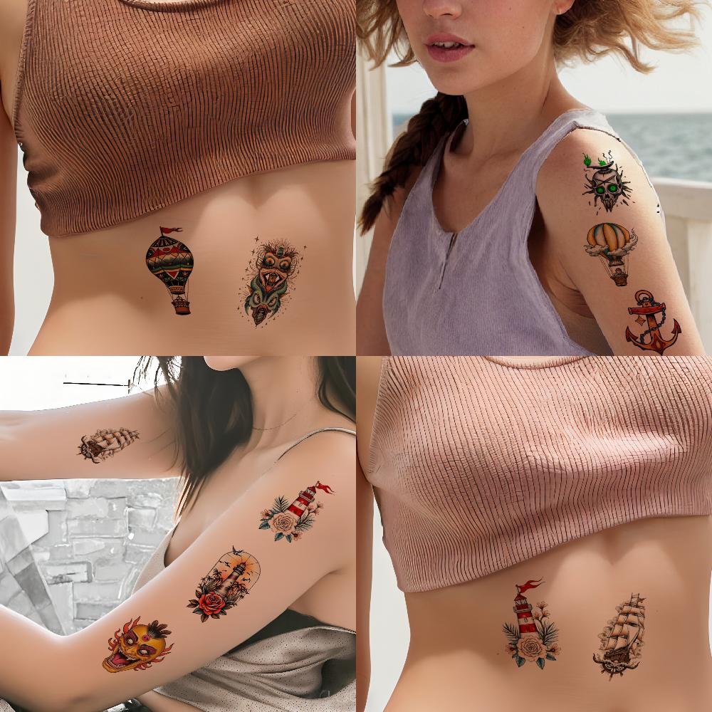 28pcs Temporary Tattoo Waterproof Long-lasting Body Stickers Devil With Bow Sword With Rose Lighthouse For Women Adults
