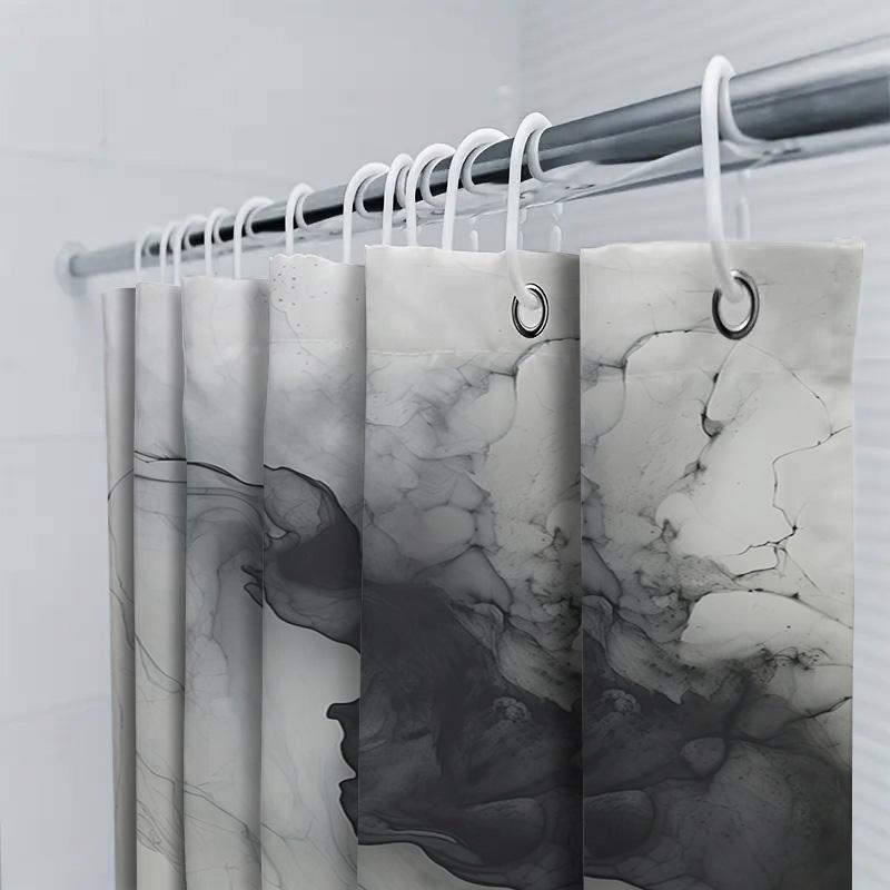 White Shower Curtain with Black Smoke Effect Decorative Print for Bathroom Decoration Polyester Material Waterproof Fabric Shr