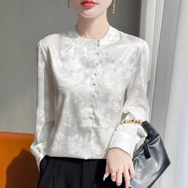 Women S Chinese Style Stand Collar Long Sleeve Printed Satin Shirt
