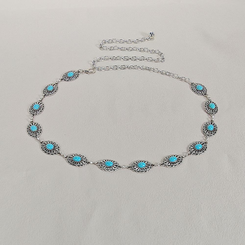 Silver Bohemian Female Metal waist chain Belt luxury Blue Gemstone Ellipse Designer Belts for Women Long Waistband Punk