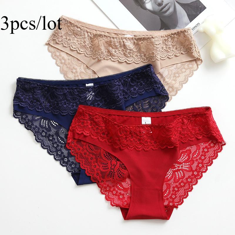 Summer Fashionable Sexy Patchwork Lace Underwear 3pcs/lot Women's Ice Silk Comfortable Breathable Triangle Pants Romantic Women's Triangle Pants