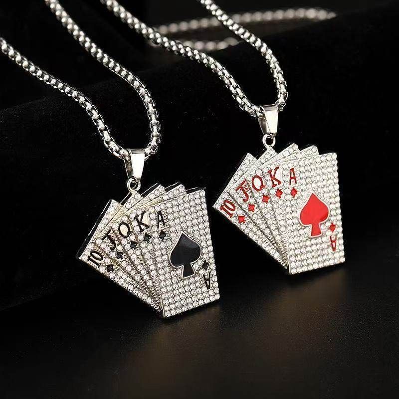 

European and American Fashion Hip-hop Retro Poker Necklace Men s Personality Couple Diamond-Embedded Flush Pendant Sweater Chain Jewelry Black + Red Flush Necklace 2 Pieces