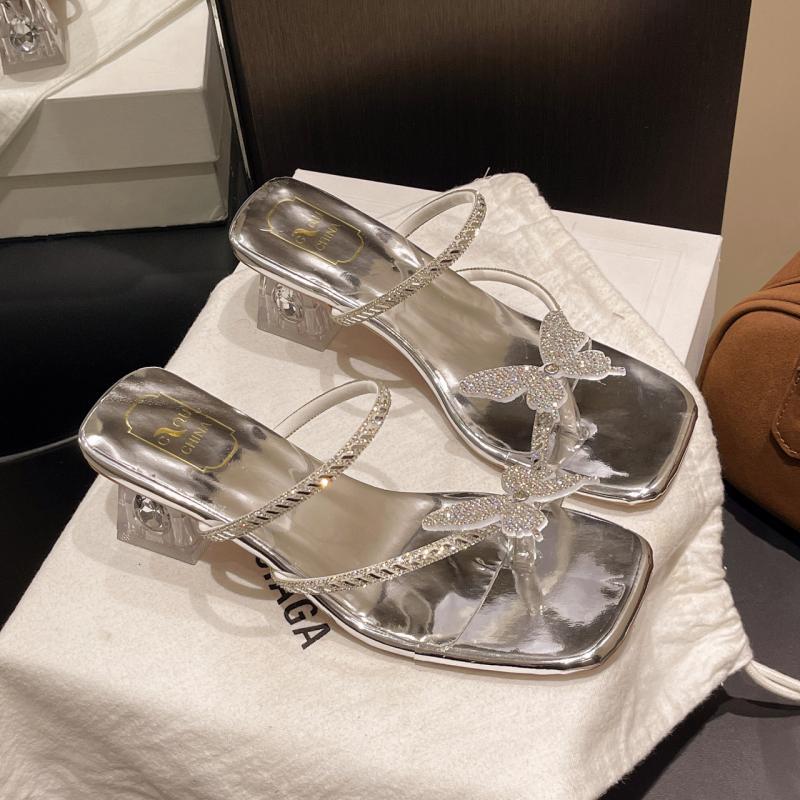 Fashion Luxury Glitter Butterfly Decoration Slip On Sandals Women 2025 Summer Square Toe Medium Heel Slides Fashion Clear Heel Slippers