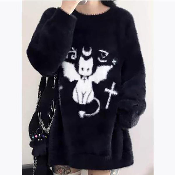 

Харадзюку Готика Кэжуал Оверсайз Вязаные Джемперы Гранж Мультяшный Свитер Мода Трикотаж Y2k Эстетика Черный Свободный Пуловер S