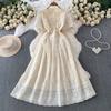High Quality Runway Design Embroidered Beaded Round-Neck Wedding Dress for Women Summer Lace Crochet Slim Pleated Dress
