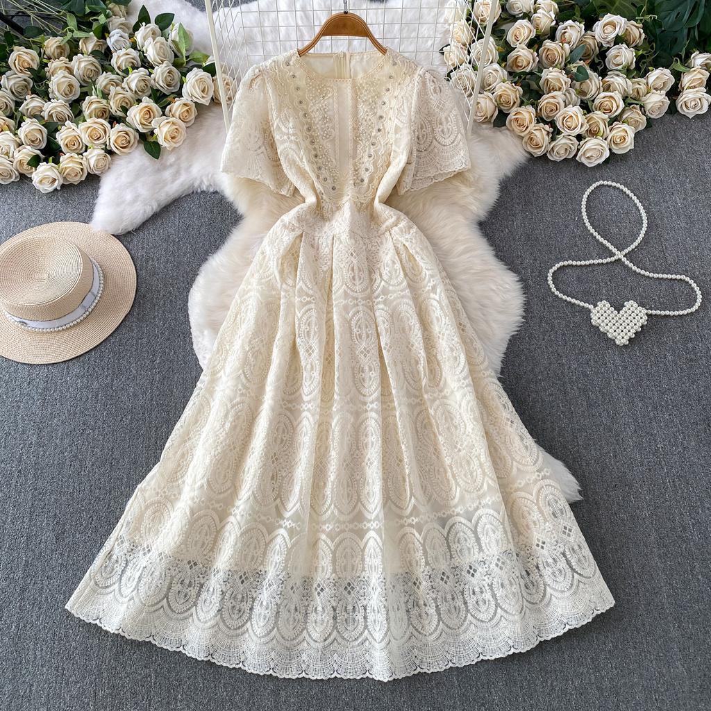 High Quality Runway Design Embroidered Beaded Round-Neck Wedding Dress for Women Summer Lace Crochet Slim Pleated Dress