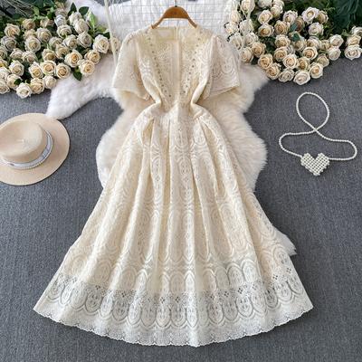 High Quality Runway Design Embroidered Beaded Round-Neck Wedding Dress for Women Summer Lace Crochet Slim Pleated Dress