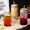 450ml/550ml Transparent Glass Cup with Wooden Lid and Straw Home High Borosilicate Glass Juice Cup Water Cup Drinking Utensils