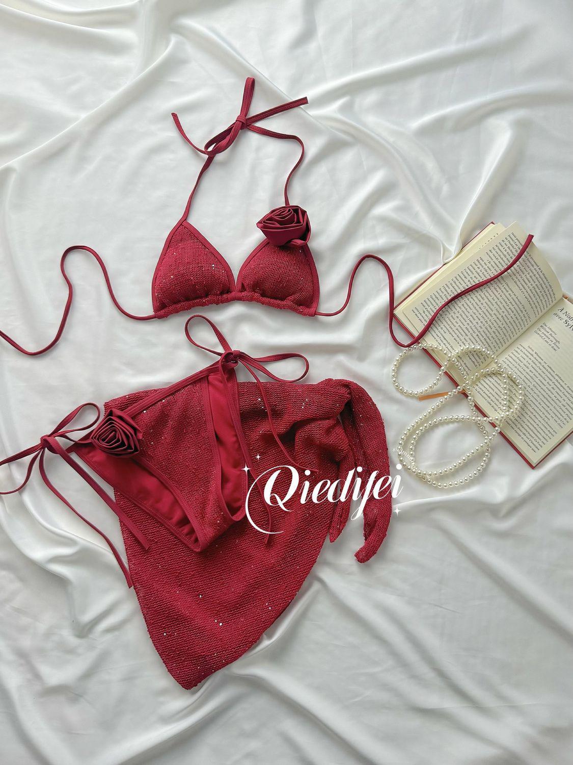 

Таиландский Пляжный Розовый Комплект Бикини: Винно-красный купальник-триангл, раздельный купальник из трех частей для женщин. L