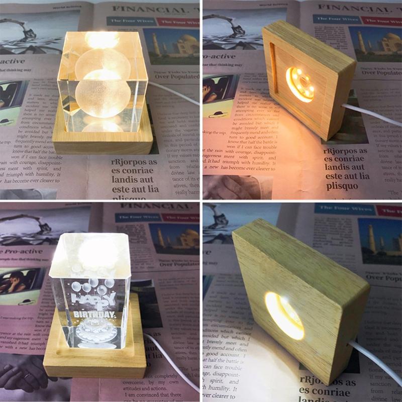 LED Lights Display Base Wooden Lighted Base Stand Compatible for w/ La-ser Crystal Glass Resin Art Colorful /White/Warm