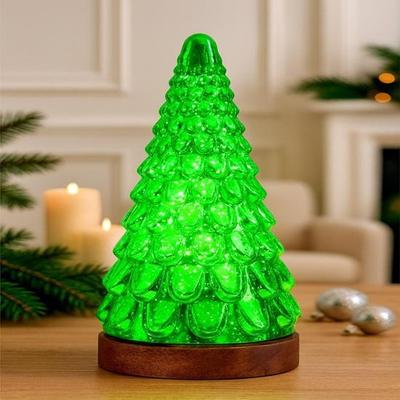 Mercury Glass Christmas Tree Xmas Trees Decorations Table Lamp Centerpiece Mantel Window Home Decor Bathroom Party Gift, Wooden Base Light