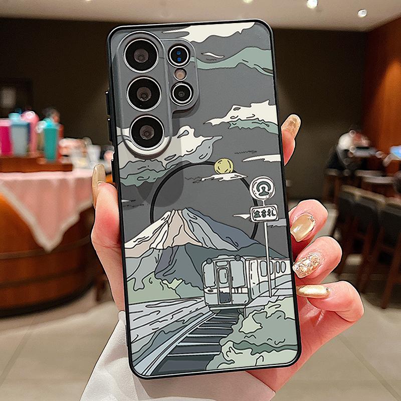 

Magnetic For Magsafe Case For Samsung Galaxy S26 Ultra S25 Edge S24 Plus S23 FE S22 A54 A55 A56 5G Anime Landscape Train Pattern Matte Cover Samsung S22 Ultra чорний