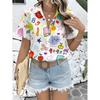 Women Casual Short Sleeve Button Up Shirt Cartoon Book Apple Stationery Pattern Trendy Hot Item Machine Washable Top