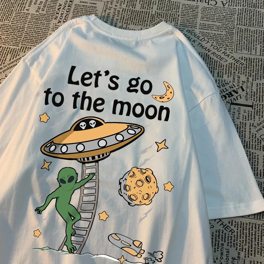 Let'S Go To The Moon Alien Ufo Mens T-Shirt Cotton Loose Tops Loose Crewneck T Shirts Casual Breathable T Shirt Couple Clothes