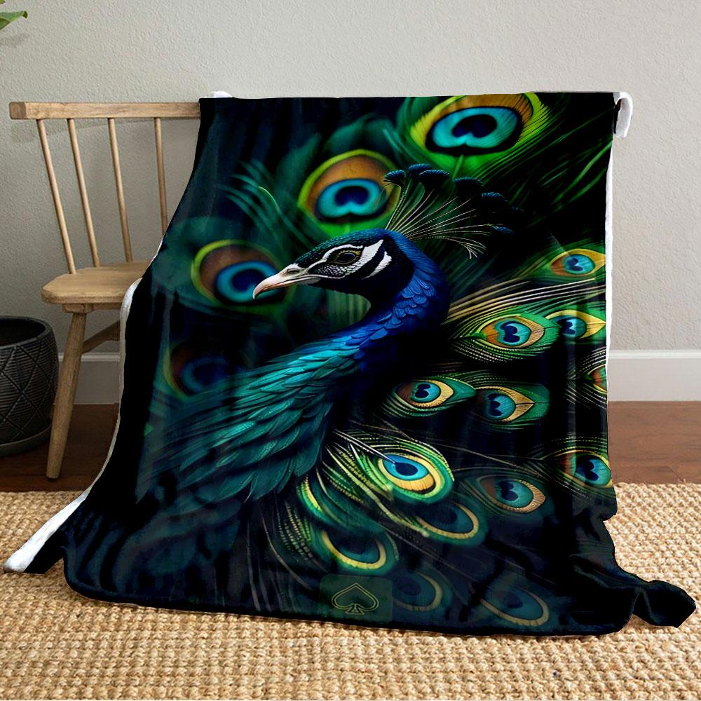 Vivid peacock feather pattern with eye-like designs in green and blue. for all seasons blanket lunch break throw gift