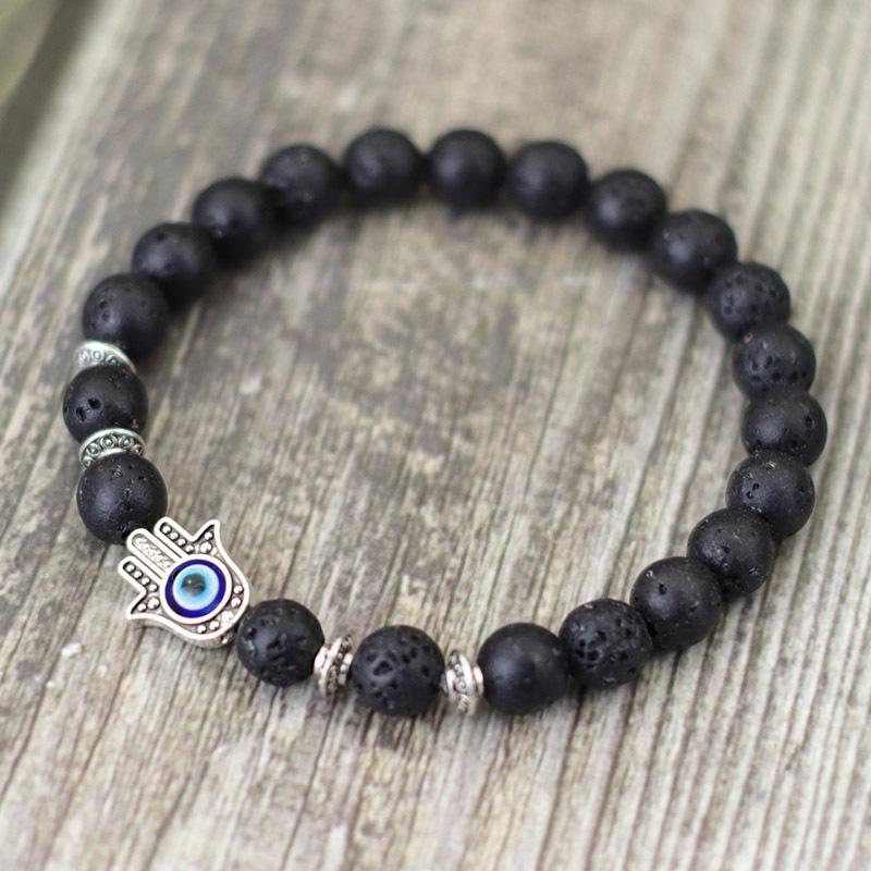 Turkey Evil Eyes Bracelet For Men Women Gothic Fatima Hand Braclet 8mm Natural Lava Lapis Lazuli Stone Beaded Braslet Pulseras
