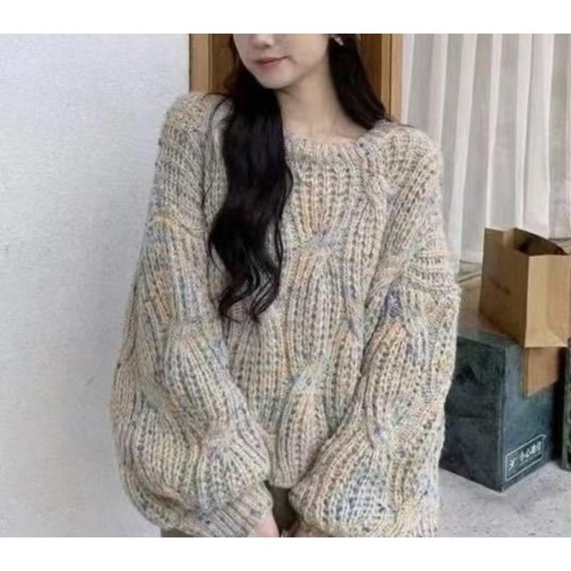 

Осенне-зимний свитер, свободный свитер с рукавами-фонариками, корейский свитер крупной вязки, цветной вязаный свитер 3XL абрикосовый