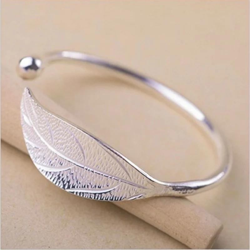 Charm Silver Color Plated Feather Leaf Dreamcatcher Bracelet Bangle Women Cuff Adjustable Copper Jewelry Gifts
