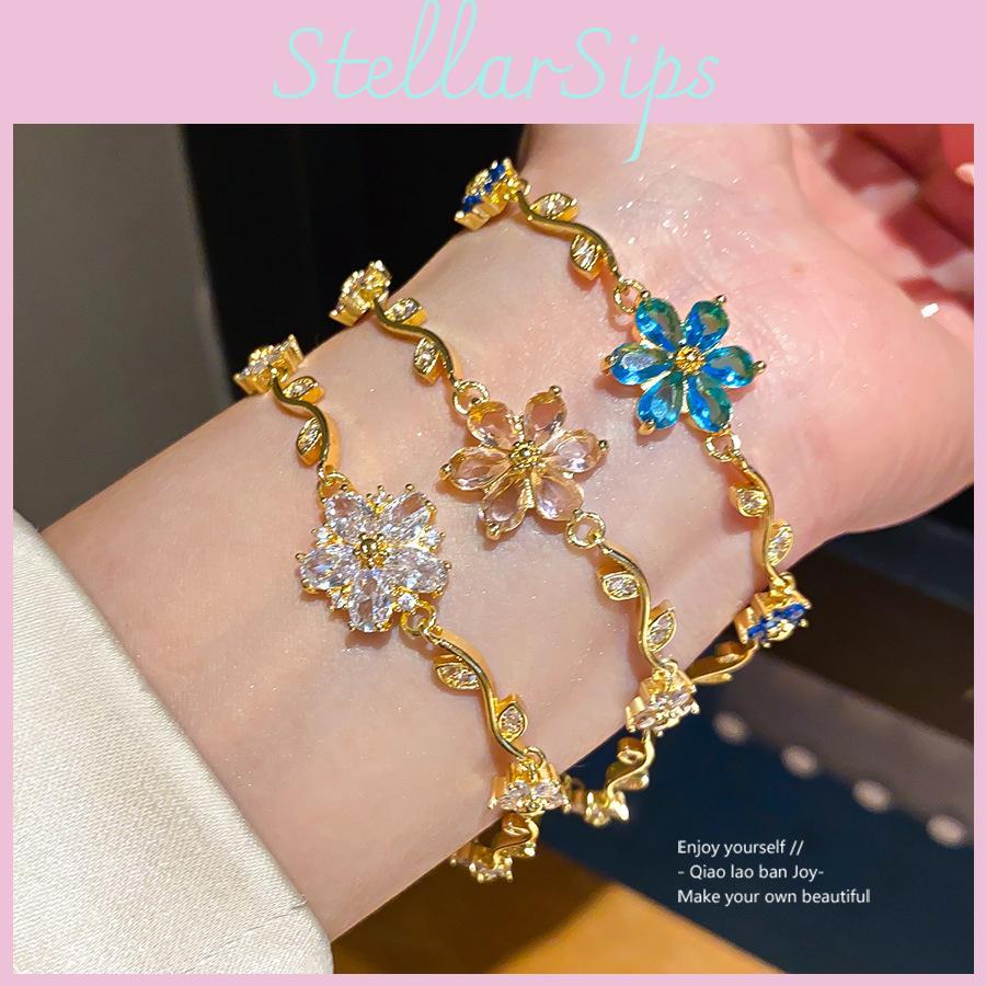 Flower Pendant Bracelet 18k Gold Plated Zirconia Elegant Jewelry For Women