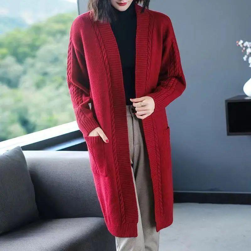 Höst och Vinter Enfärgad V-ringad Mellanlång Stickad Kofta Dam Koreansk Stil Västerländsk Mode Allmatchande Enkel Jacka Topp