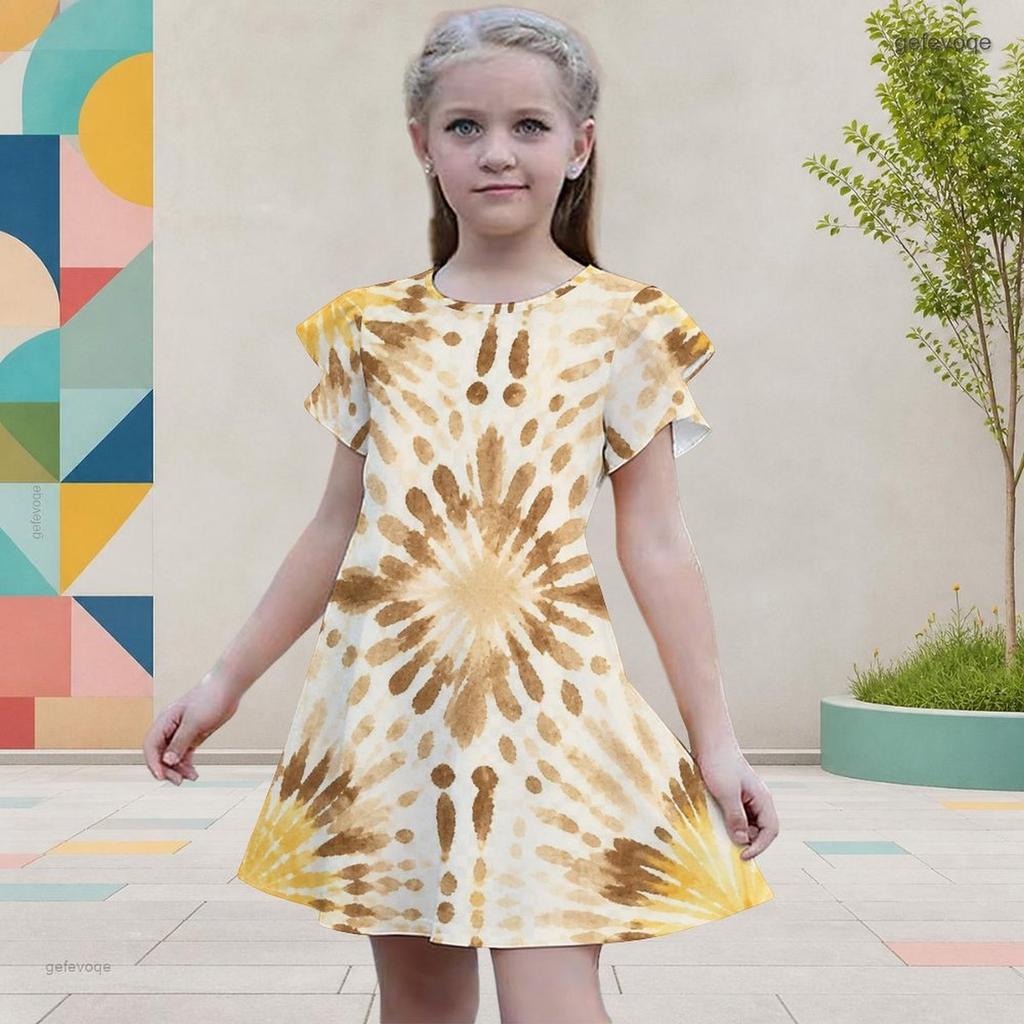 Girls Round Neck Flutter Sleeve A Line Abstract Printed Dress