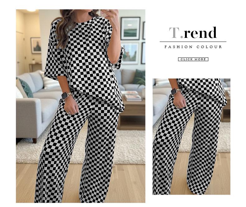 Women's Autumn Plaid Chessboard Two-Piece Set with Loose Slimming Five-Point Sleeve Top and Straight-Leg Pants