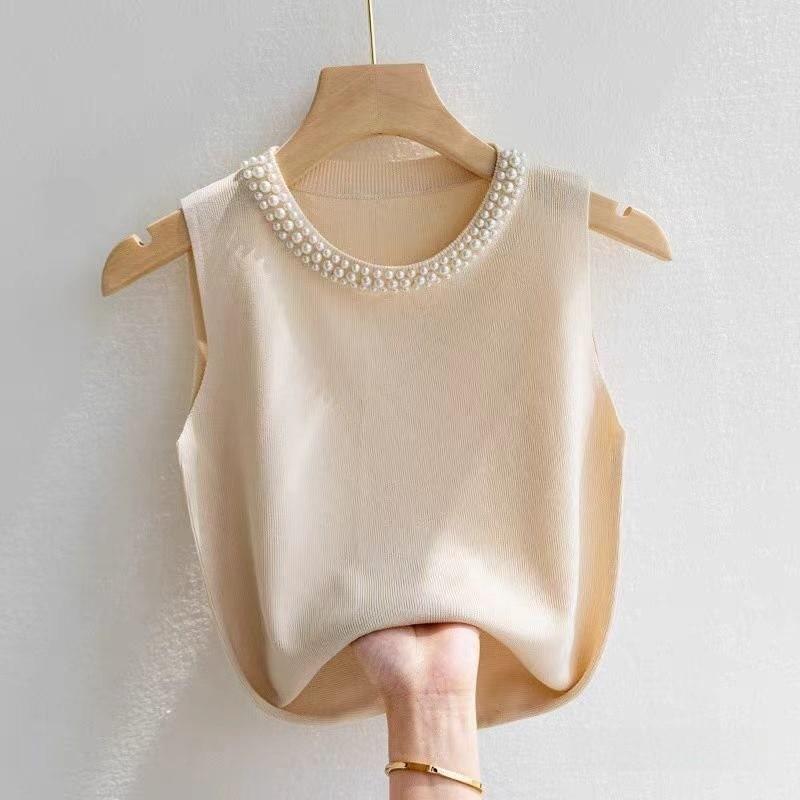 Summer Womens Knitted Tank Top With Pearl Embellishments For Casual Wear