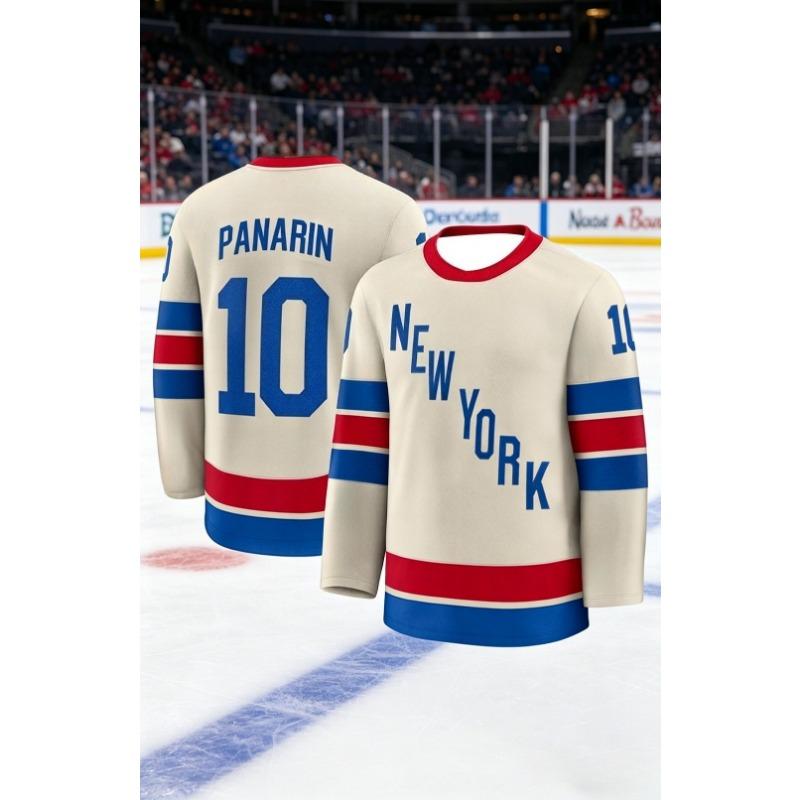 2026 Neuer Herren Eishockey Trainingsanzug - Rangers Team Serie 3D Stickerei Feuchtigkeitsableitend Weiß Langarm Oberteil Kinder