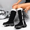 New Winter Fleece Lined Turn Over Long Boots with Buckles Fluffy Thick Snow Cotton Thigh High Boots