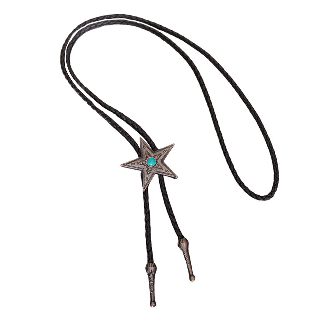 Men's Rodeos Bolo Tie with Metal Star and Turquoises Leather Cord Necktie Adjustable Chain Necklace for Western Fashion