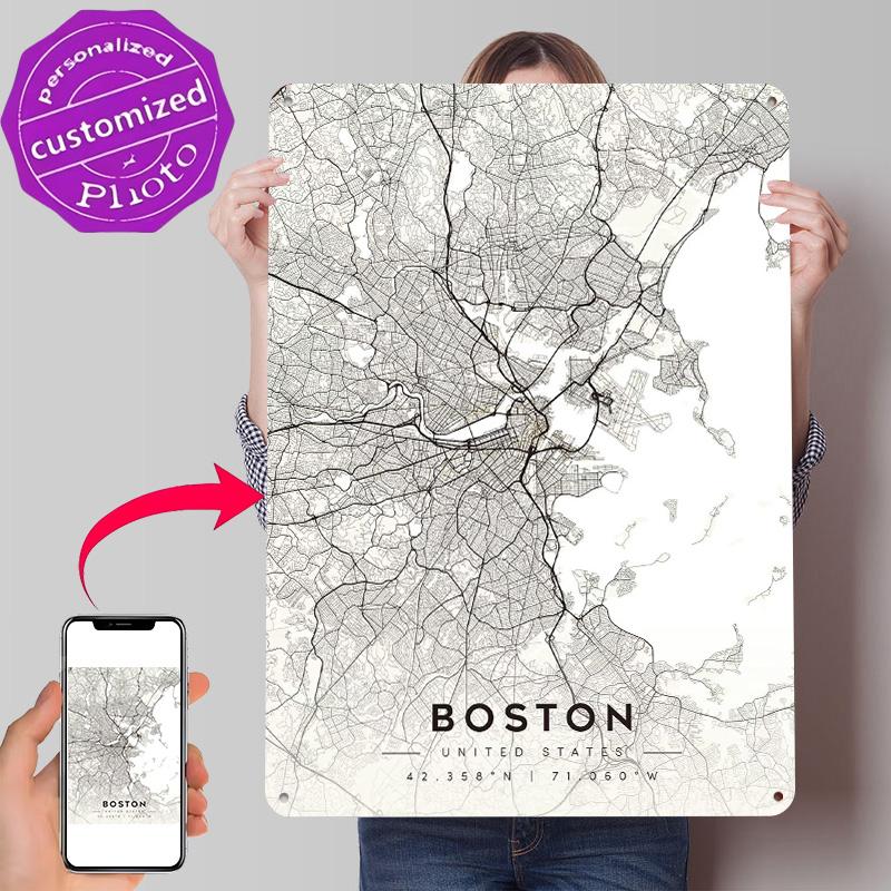 Boston City Map Minimalist Metal Poster Customized Wall Art Retro Vintage Tinplate Signs for Interior Accessories Office Decor