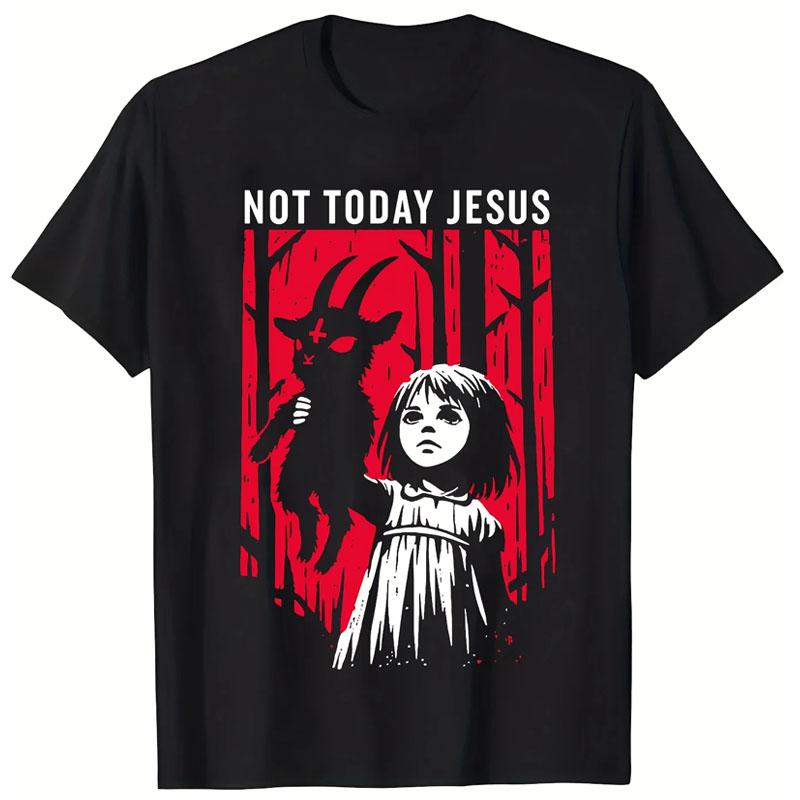 Unisex Gothic Grafik T-Shirt -  Nicht Heute Jesus  Ausgebleichter Roter Print Lässiges Rundhals-T-Shirt für Draußen Familienkleidung T-Shirt XL schwarz