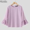ZANZEA Women Spring Round Neck Lantern 3/4 Sleeve Mesh Pleated Blouses