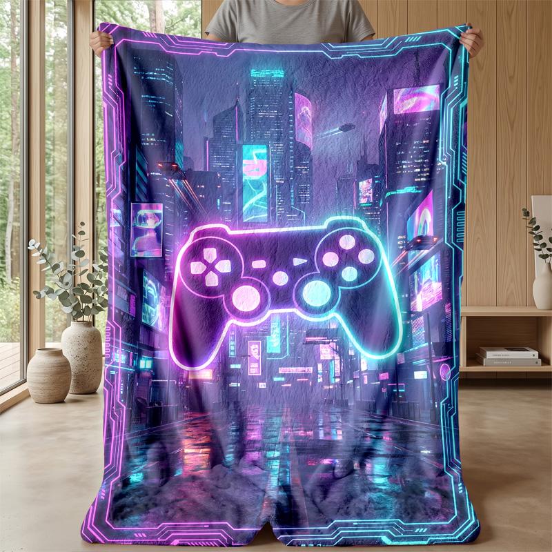 Cyberpunk Game Controller City Blanket Personalized Name Flannel Blanket Soft Cozy Plush Throw for Sofa Bed Lightweight Home Decor