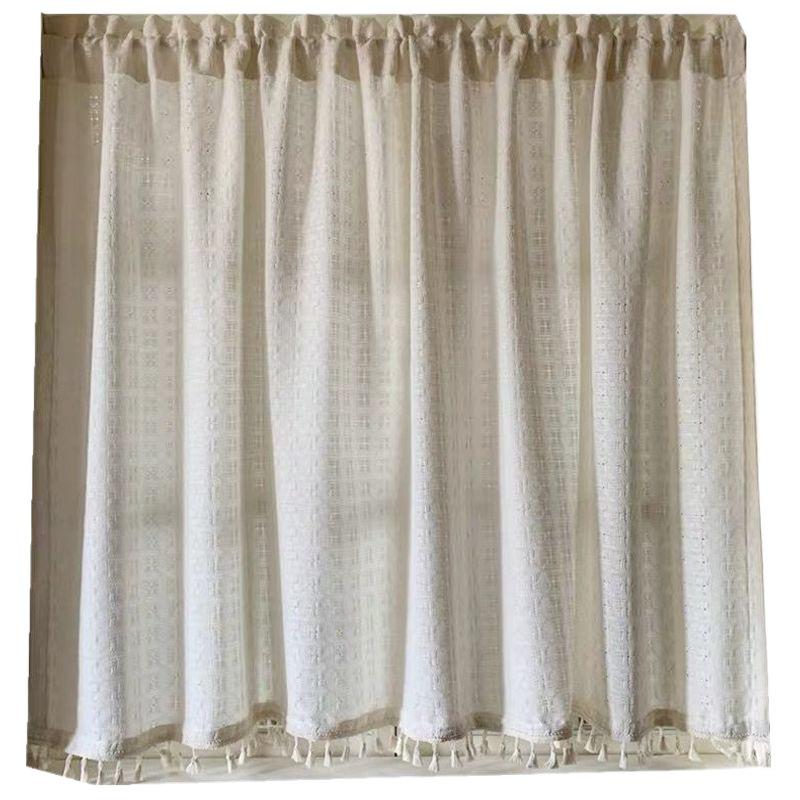 Sheer Plaid Bay Window Curtains, Chajiji Style, Tassel, Non-See-Through, No-Punch Magic Sticker, Ideal for Balcony or Living Room.
