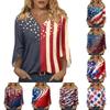 Women’s Fashion Casual V Neck Three Quarter Sleeve Top with Independence Day Flag Print Loose Fit Comfortable Blouse for Daily Wear
