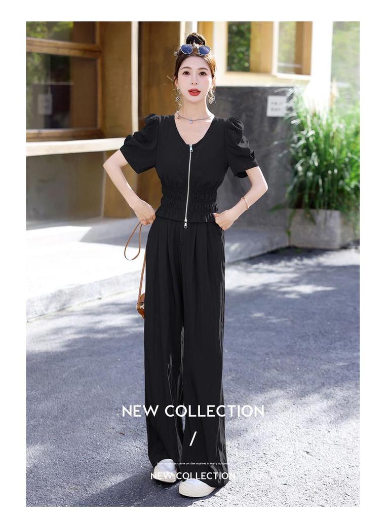 Summer 2024 Women's Two-Piece Suit: Chic Casual Tops & Wide-Leg Pants