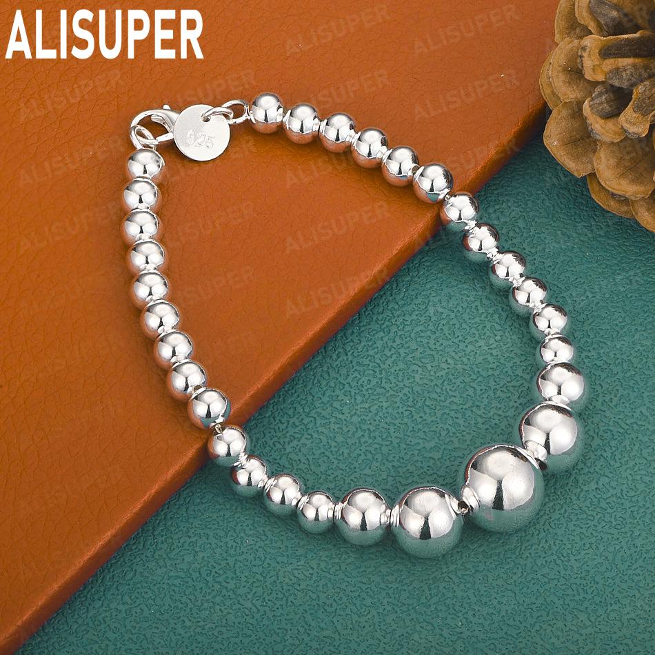 925 Sterling Silver Polished Bead Side Chain Simple Bracelet Gift Jewelry 20CM