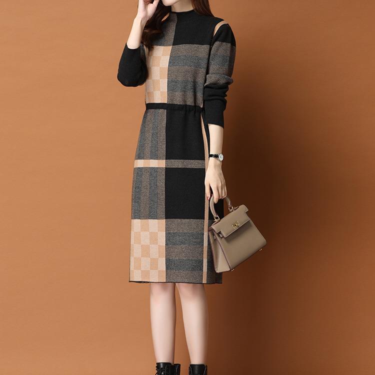 Herbst 2025 Langes Woll-Strickkleid über dem Knie mit Innenlage