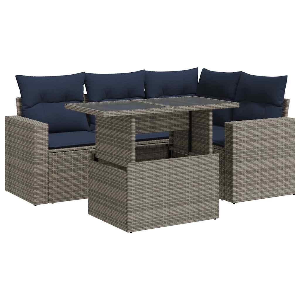 5 Piece Garden Sofa Set with Cushions Grey Poly Rattan & Acacia