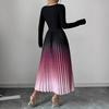 Women's Pleated Gradient Midi Dress Long Sleeve Swing A-line Dress Slim Fit Crew Neck Flowy Cocktail Dress