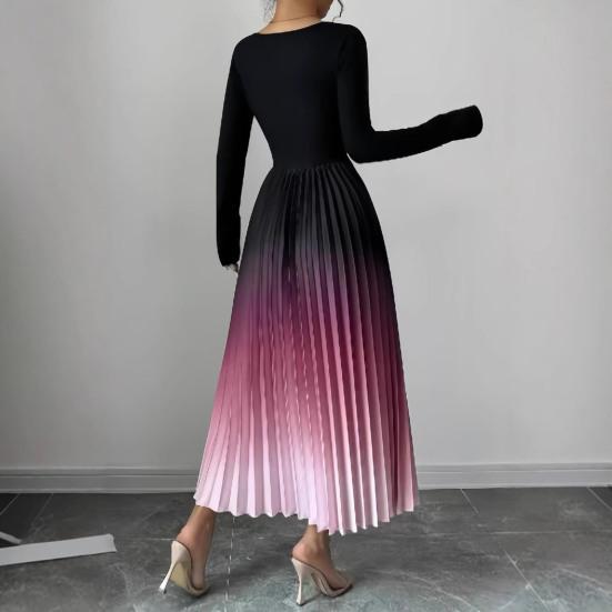 Women's Pleated Gradient Midi Dress Long Sleeve Swing A-line Dress Slim Fit Crew Neck Flowy Cocktail Dress