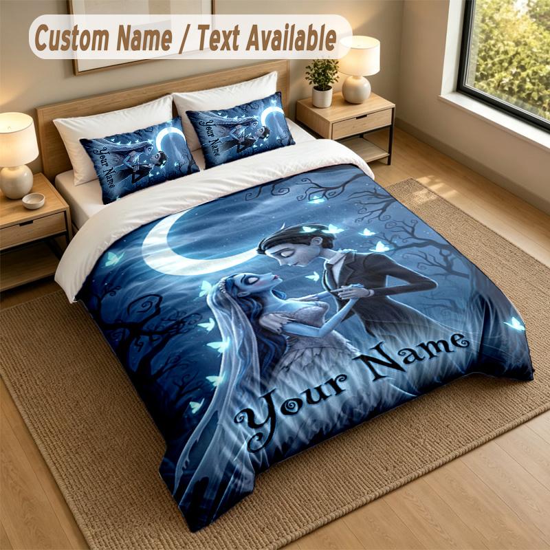 3Pcs Bedding Set Custom Name Text, 1 Sheet 2 Pillowcases Home Bed DecorCorpse Bride Emily Victor
