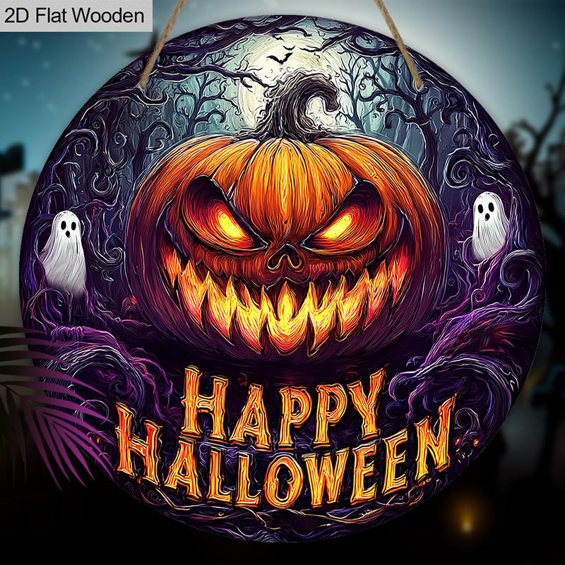 Happy Halloween Wooden Sign with Terrifying Pumpkin Pattern - Unique Figurine Ornaments - Ideal for Front Door, Farm, Porch Decor