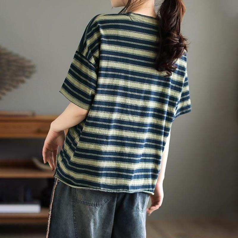 T-shirt for Women Summer Large Size Cotton T-shirt Soft Loose Printed Casual Striped Pullover T-shirt Top