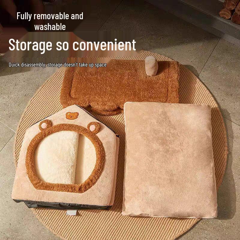 House Cat & Small Dog Winter Teddy House with Detachable, Washable Pet Mat - Warm Four Seasons Enclosed Bed