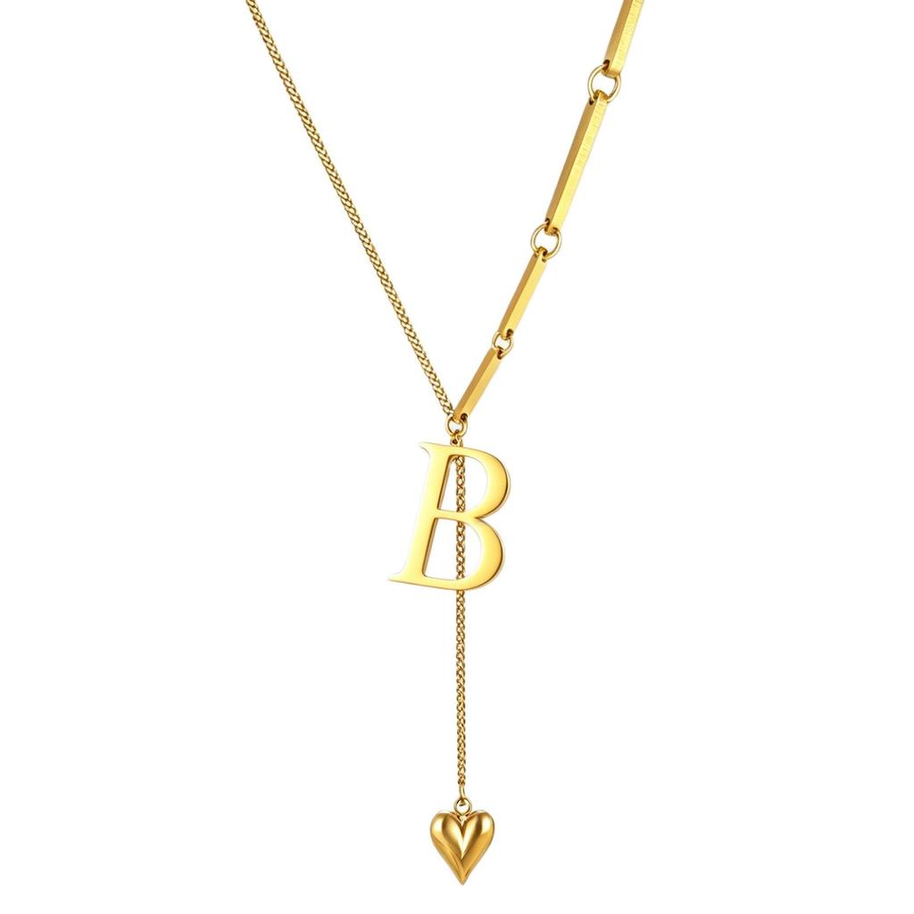 Initial Letter Necklace Gold Plated Stainless Steel Puffy Heart Pendant A-Z Alphabet Lariat Y Choker Waterproof
