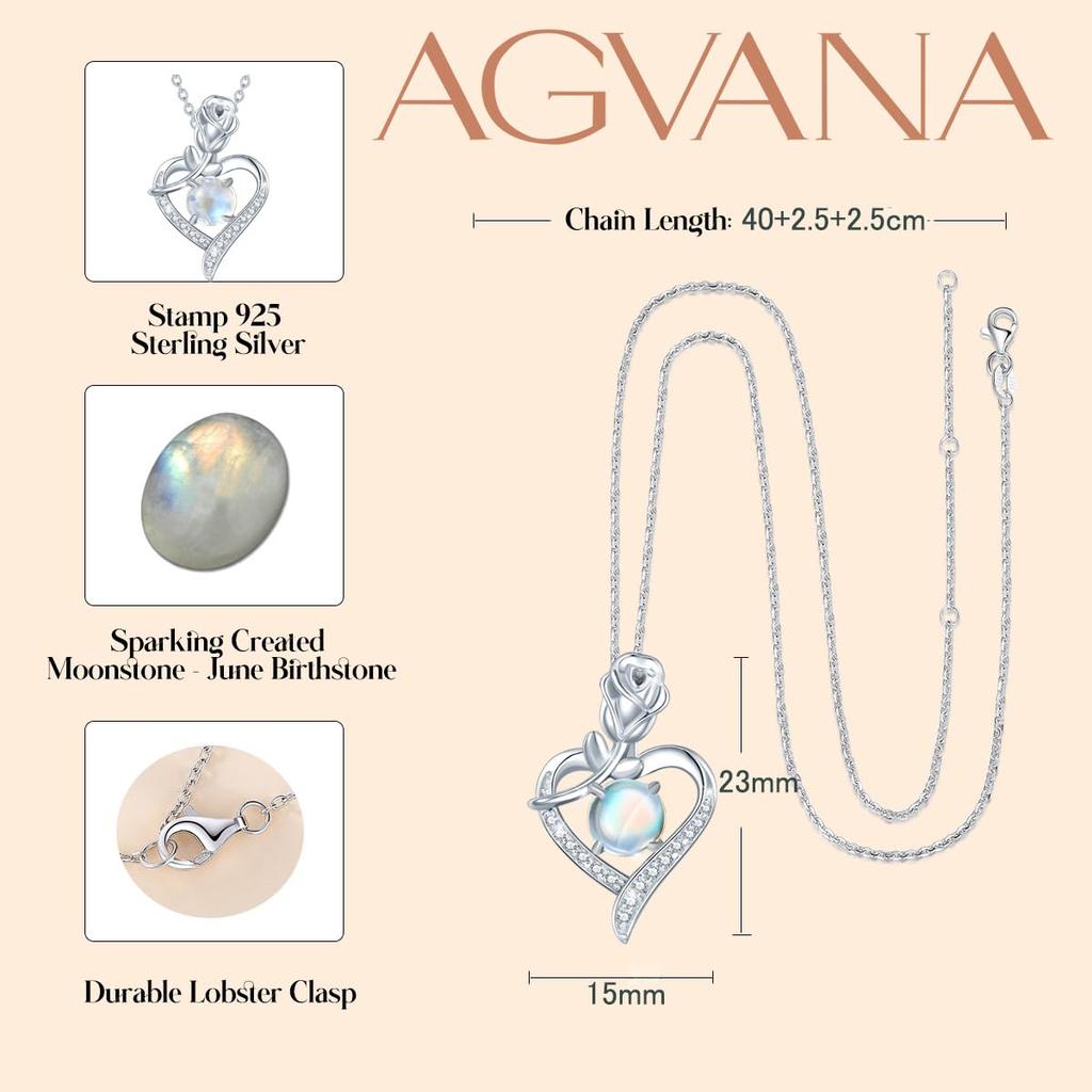 [AGVANA] Women's Moonstone Necklace (June Birthstone) Rose Motif Heart Necklace, Sterling Silver 925, Lucky Charm Jewelry Accessory,